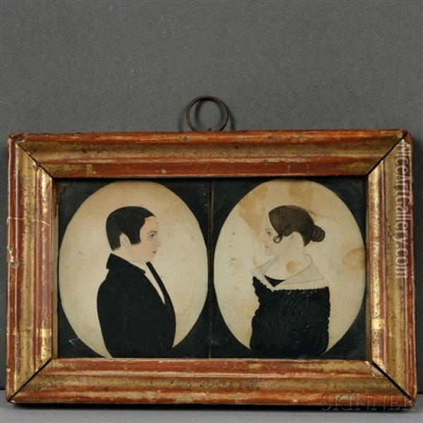 Double Miniature Portrait Of A Man And Woman Oil Painting - Justus Dalee