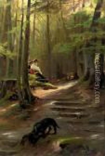 The Nosy Dachshound: A Sunny Spot In The Woods Oil Painting - Karl Raupp
