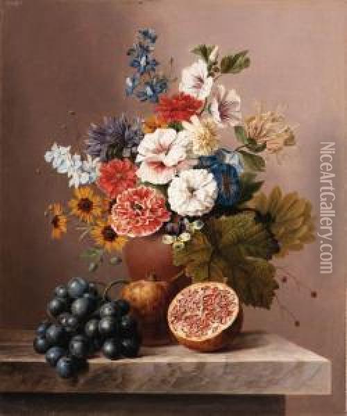 Flowers In A Vase With Grapes And Pomegranates On A Stoneledge Oil Painting - Arnoldus Bloemers