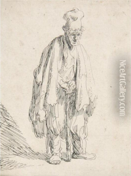 Beggar In A High Cap, Standing And Leaning On A Stick (b., Holl. 162; H. 15; Bb. 31-1) Oil Painting - Rembrandt Van Rijn