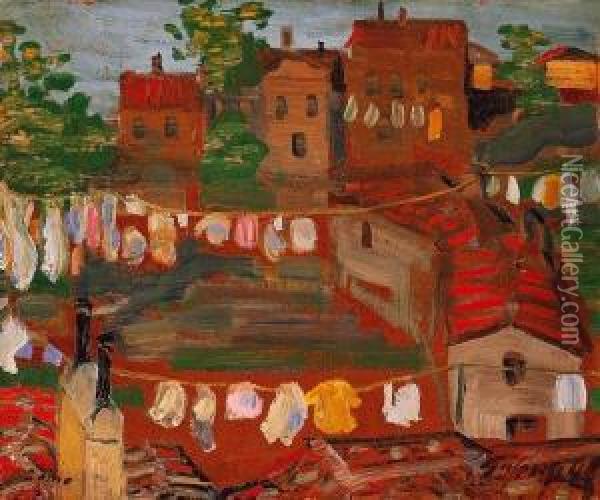 Drying Clothes In Italy Oil Painting - Lajos Gulacsy