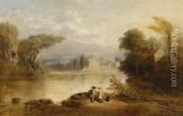 River Landscape With Children Fishing, Bolton Abbey In The Distance Oil Painting - Samuel Bough