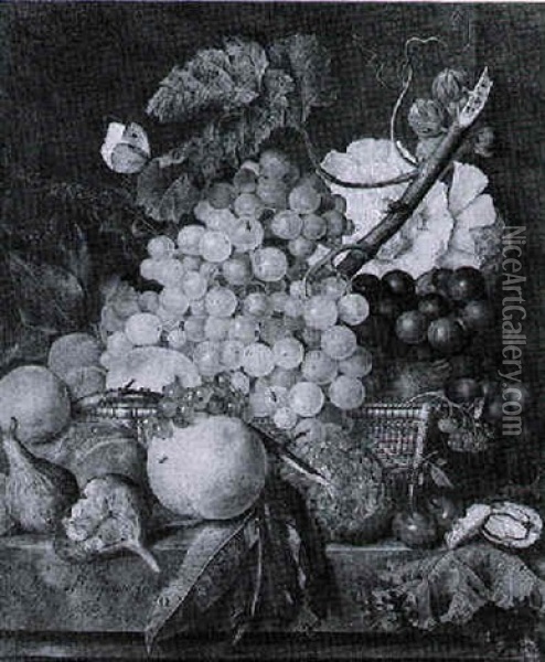 Still Life Of Hollyhocks, Grapes, Vines And Fruit In A Basket On A Stone Ledge With Insects Oil Painting - Jan Van Huysum
