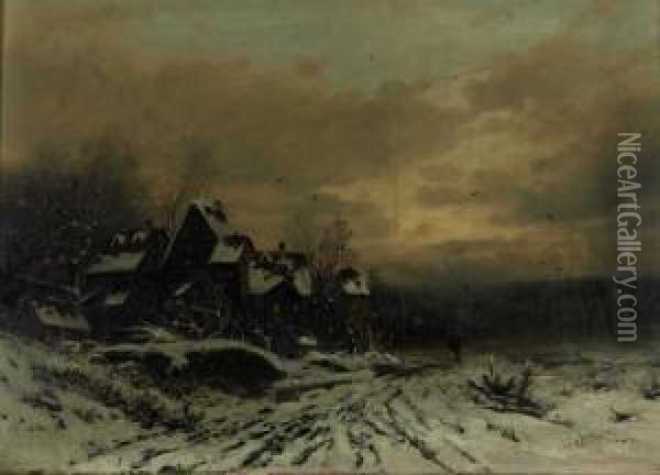 Wanderer In Winterlicher Landschaft Mit Gehoft Oil Painting - Joseph Friedrich N. Heydendahl