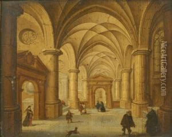 Church Interior With Figures And Dogs Oil Painting - Pieter Ii Neefs