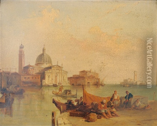 Venetian Canal Scene With Figures Seated On A Quayside In The Foreground Oil Painting - Edward Pritchett