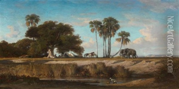 Chevaux Et Elephants En Bord De Riviere Oil Painting - Charles Emile de Tournemine