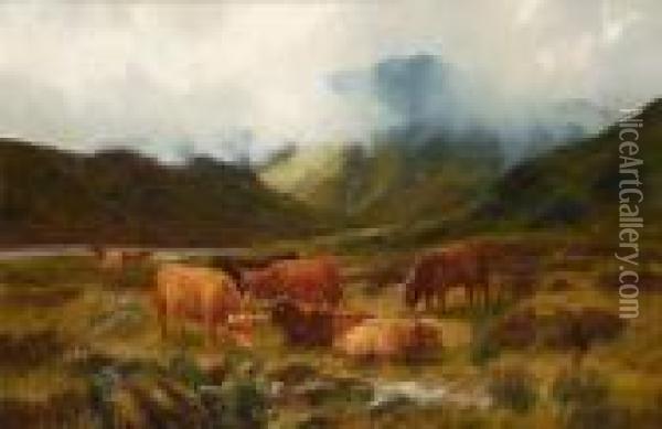 Cattle Grazing In The Highlands Oil Painting - Peter Graham