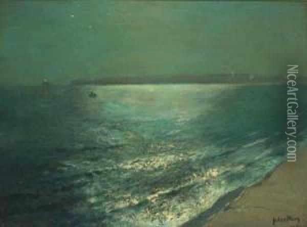 A Moonlit Coastal Seascape Oil Painting - Julius Olsson