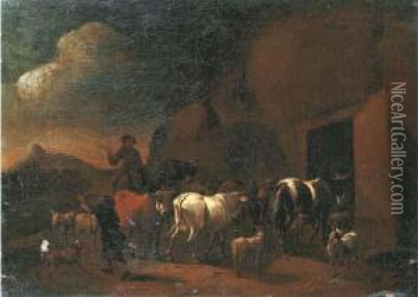 Shepherds Returning To The Stable With Their Cattle At Dusk Oil Painting - Abraham Jansz Begeyn