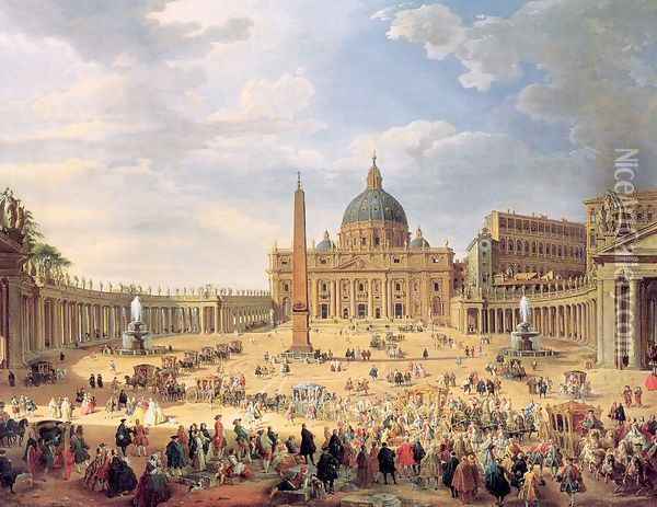 Departure of Duc de Choiseul from the Piazza di St. Pietro 1754 Oil Painting - Giovanni Paolo Pannini