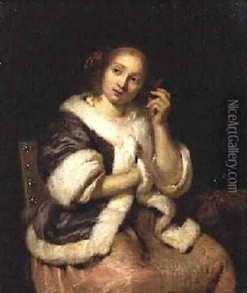 Lady with a Watch 1670 Oil Painting - Caspar Netscher
