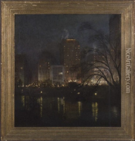 When Night Comes On, Central Park, Ny Oil Painting - Orlando Rouland