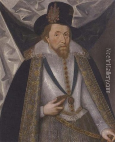 Portrait Of King James I Wearing A White Doublet, A Black Hat And A Lined Black Cloak Oil Painting - John Decritz the Elder