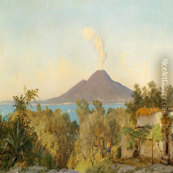 View Of Mount Vesuvius And The Gulf Of Naples Oil Painting - August Andreas Jerndorff