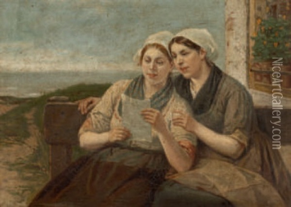Zwei Junge Frauen Beim Lesen Eines Briefes Oil Painting - Henri Bource
