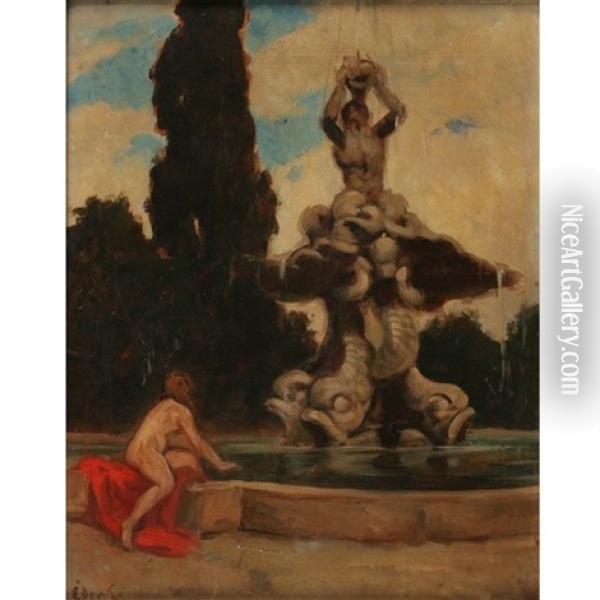 Nude Reclining At A Fountain Oil Painting - Gyula Eder