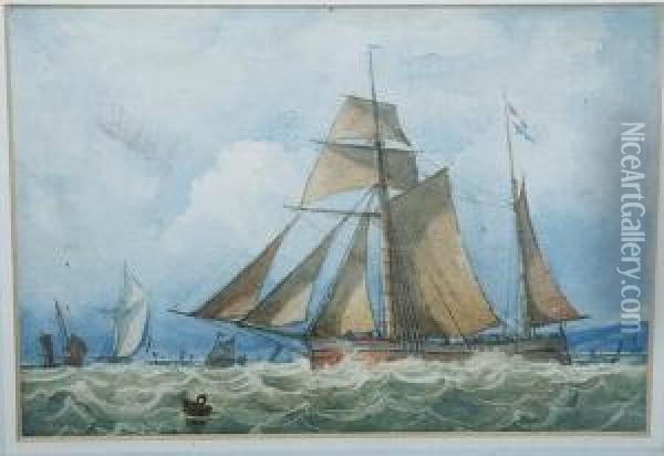Seascape With French Fleet Off The Coast Oil Painting - Richard Henry Nibbs