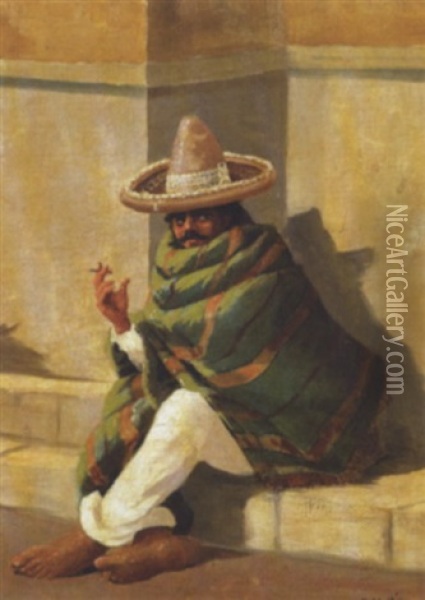 En Rygende Mexicaner Pa En Trappesten Oil Painting - Ralph Davison Miller