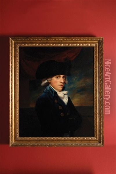 Portrait Of A Young Gentleman, In A Blue Coat And Tricorne Hat Oil Painting - Sir John Hoppner