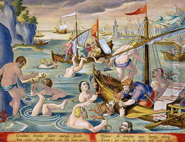 Diving for Coral, plate 92 from Venationes Ferarum, Avium, Piscium Of Hunting Wild Beasts, Birds, Fish engraved by Jan Collaert 1566-1628 published by Phillipus Gallaeus of Amsterdam Oil Painting - Giovanni Stradano