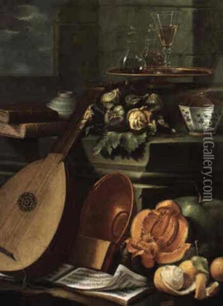 Still Life Of A Mandolin Leaning Against A Ledge With Fruit And A Bowl Oil Painting - Cristoforo Munari
