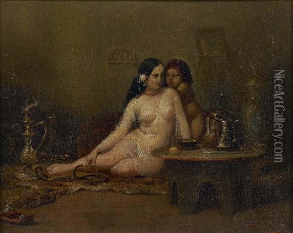 Femme Fumant Un Narguile Dans Un Interieur Oriental Oil Painting - Louis Devedeux
