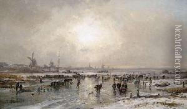 Wintry Landscape With Skaters, 
In The Background A Dutch Town Silhouette Oil Painting - Adolf Stademann