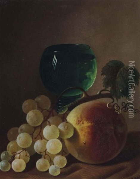 Still Life With Grapes, Peach And Wine Glass Oil Painting - Carducius Plantagenet Ream