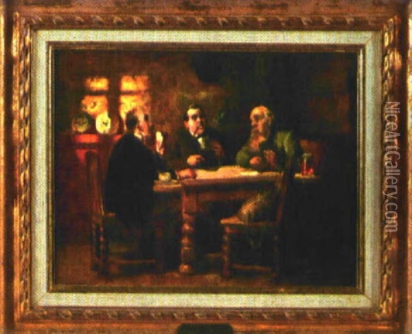Drei Manner Spielen Karten Im Gasthaus Oil Painting - Friedrich Hiddemann