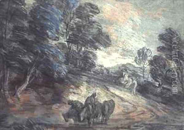 A Wooded Landscape with Horses Drinking Oil Painting - Thomas Gainsborough