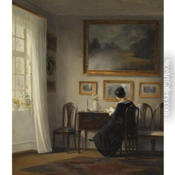 Kvinde Der Sidder I Dagligstuen (lady Seated In A Drawing Room Interior) Oil Painting - Carl Vilhelm Holsoe