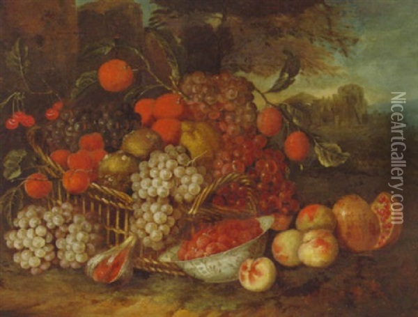 Grapes, Oranges, Cherries, A Lemon And Other Fruits In A Basket And On A Bank, A Landscape Beyond Oil Painting - Abraham Brueghel