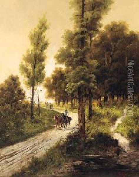 Travellers On A Track In A Wooded Landscape Oil Painting - Alfred Steinacker