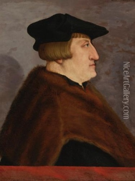 Profile Portrait Of A Gentleman, Half Length, Wearing A Black Hat And Jacket With A Fur Coat, Before A Parapet Oil Painting - Christoph Amberger