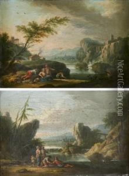 Paysages De Riviere Avec Des Pecheurs Et Promeneurs
 Paire De Toiles Oil Painting - Jean-Baptiste Claudot De Nancy