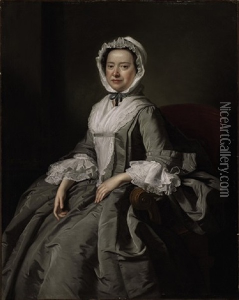 Portrait Of A Lady In A Grey Silk Dress And White Bonnet Oil Painting - Thomas Hudson