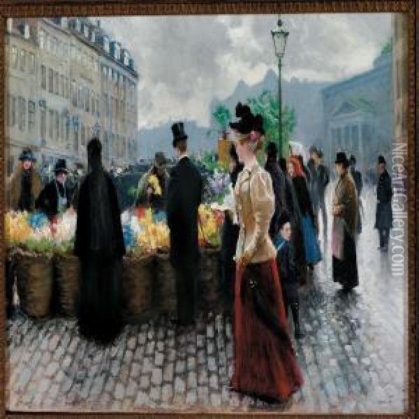 A Well-dressed Woman Passing The Flower Market At Hojbro Plads In Copenhagen Oil Painting - Paul-Gustave Fischer