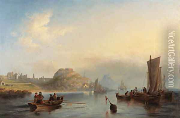 Fishing boats off Holy Island, Northumberland, with Lindisfarne Abbey and castle in the distance Oil Painting - James Wilson Carmichael