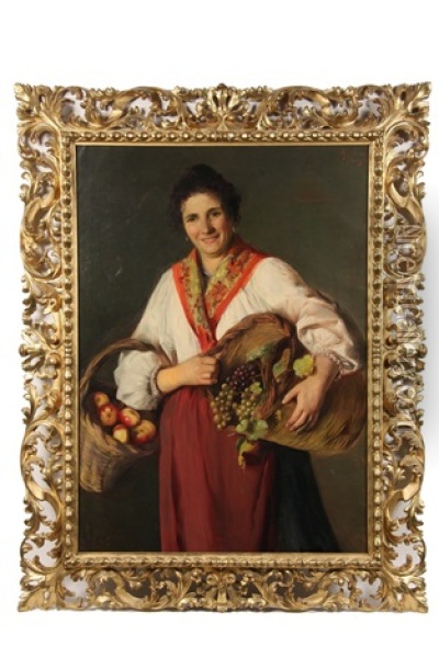 Portrait Of An Italian Fruit Harvester Oil Painting - Luigi Agretti