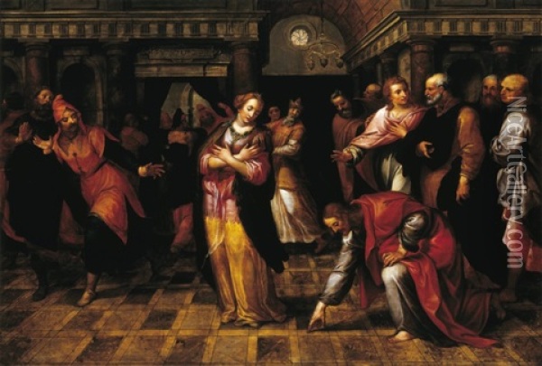 Le Christ Et La Femme Adultere Ecole Anversoise Oil Painting - Jacob De Backer