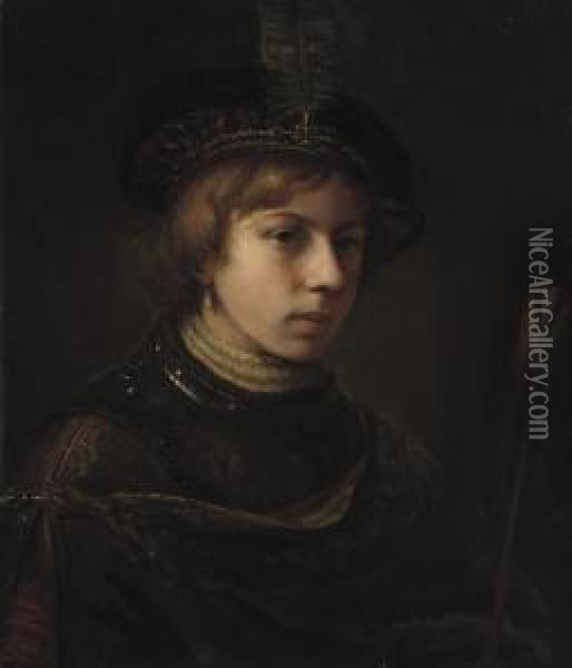 A 'tronie' Of A Boy Wearing A Breastplate And A Feathered Cap,holding An Arrow Oil Painting - Samuel Van Hoogstraten
