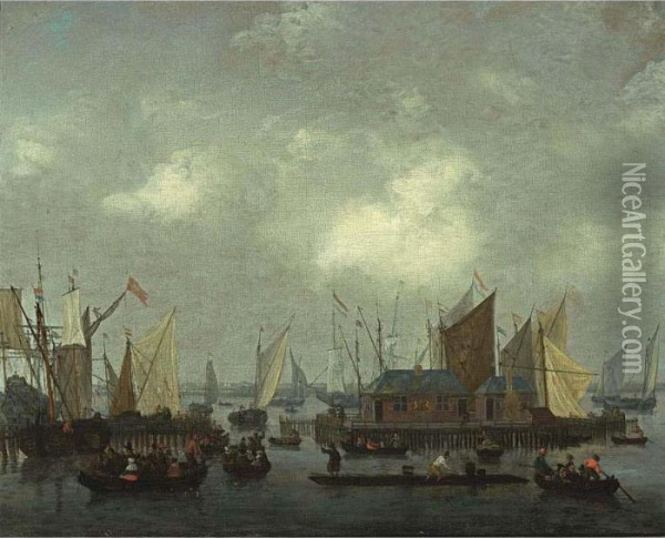 Amsterdam: Shipping On The Ij 
With A View Of The Toll Houses On The Roads Of Amsterdam Near The Prins 
Hendrikkade And Oudezijds Waal Oil Painting - Regnier Remigius Zeeman /