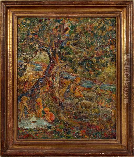 Children Playing Under Tree Oil Painting - A.E. Evans