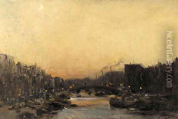 A view on a town canal by night Oil Painting - Jan Hillebrand Wijsmuller