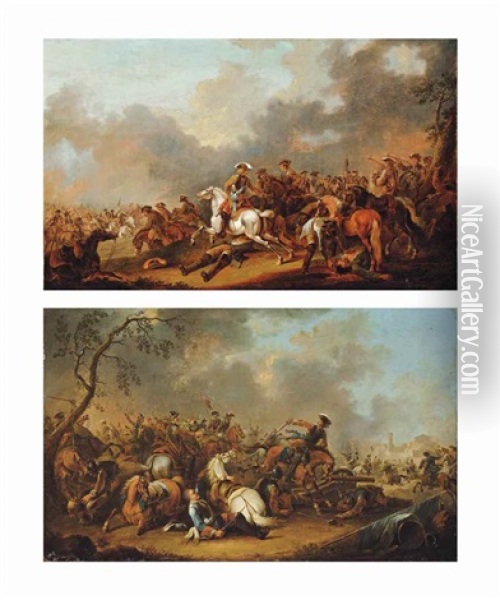 A Cavalry Skirmish; And A Siege Of A City Oil Painting - August Querfurt