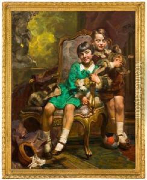 Ritratto Di Fanciulli In Interno Con Cagnolino E Peluche Oil Painting - Giuseppe Pennasilico