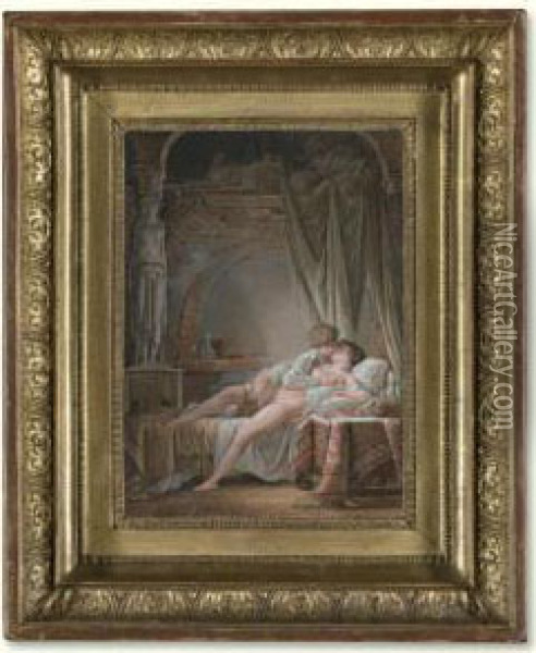 A Young Couple In A Passionate Embrace Oil Painting - Jean-Baptiste Mallet