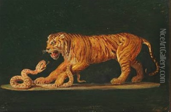 En Tiger I Kamp Med En Slange Oil Painting - Constantin (Carl Christian Constantin) Hansen