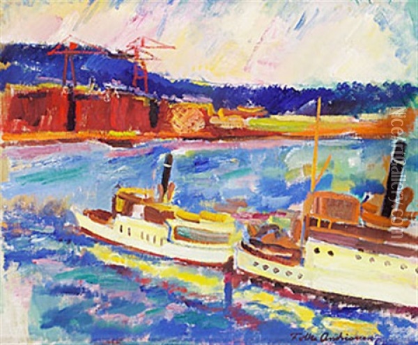 Fartyg I Hamnen Oil Painting - Folke Andreasson